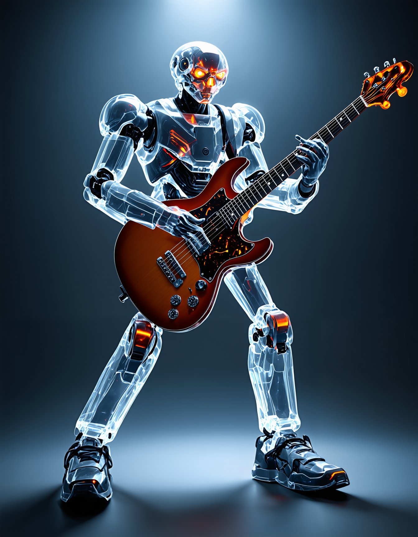 (intricate, ultra high detail, photorealistic, 8K, high-resolution, masterpiece), transparent biomechanical robot playing an electric guitar, visible internal components and circuits, futuristic and sleek design, glowing orange and blue highlights within the robotic structure, realistic reflections and refractions, dynamic pose, clear and minimalistic background, emphasis on mechanical complexity and artistry, advanced technology, high-definition textures, cutting-edge cybernetic aesthetics. , Ultimate Realism - High Detail Enhancement.safetensors