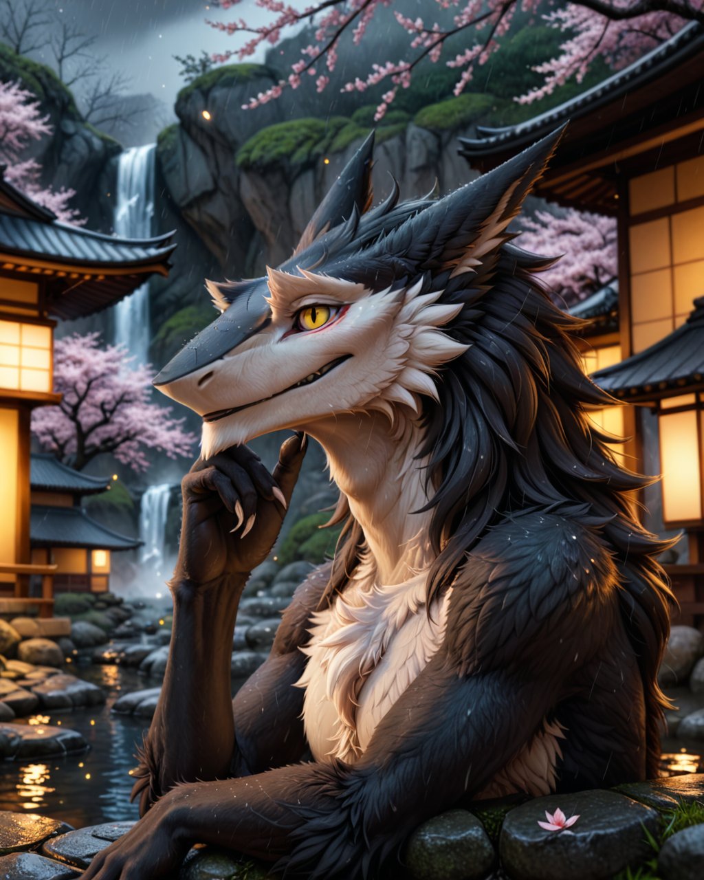 male, sergal, black body, fluffy, chest tuft, yellow eyes, half-length portrait, leaning back, on front, looking away, hand on face, BREAK, night, foggy, raining, waterfall, hot spring, spa, cherry blossom, ambient firefly, japanese building, detailed background, detailed foreground, depth of field, ambient silhouette, backlighting, yellow light, pink light, BREAK, masterpiece, best quality, ultra realistic, 4k, 2k, high detail, subsurface scattering, film photography, sharp focus, RAW photo, photorealistic, photorealism