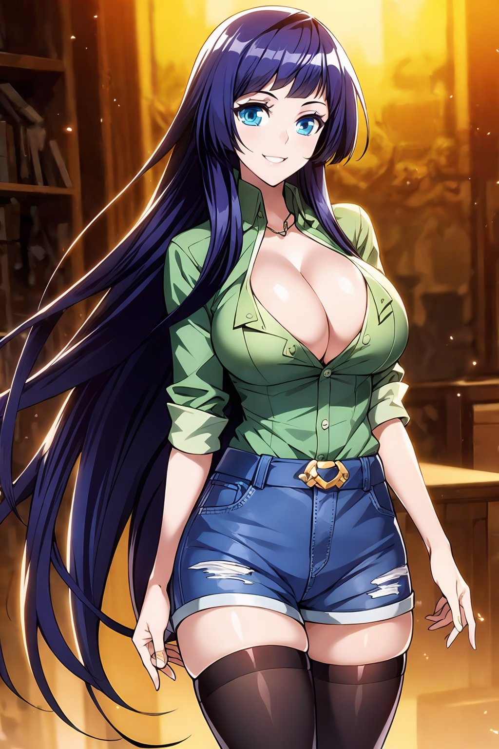 HDR,UHD,best quality,Highly detailed,masterpiece,Professional,<lora:熏儿:0.8>,xe,1girl,solo,long hair,smile,blue eyes,very long hair,blue hair,black_thighhighs,green denim shirt,big breasts,cleavage,<lora:add_detail:0.7>,