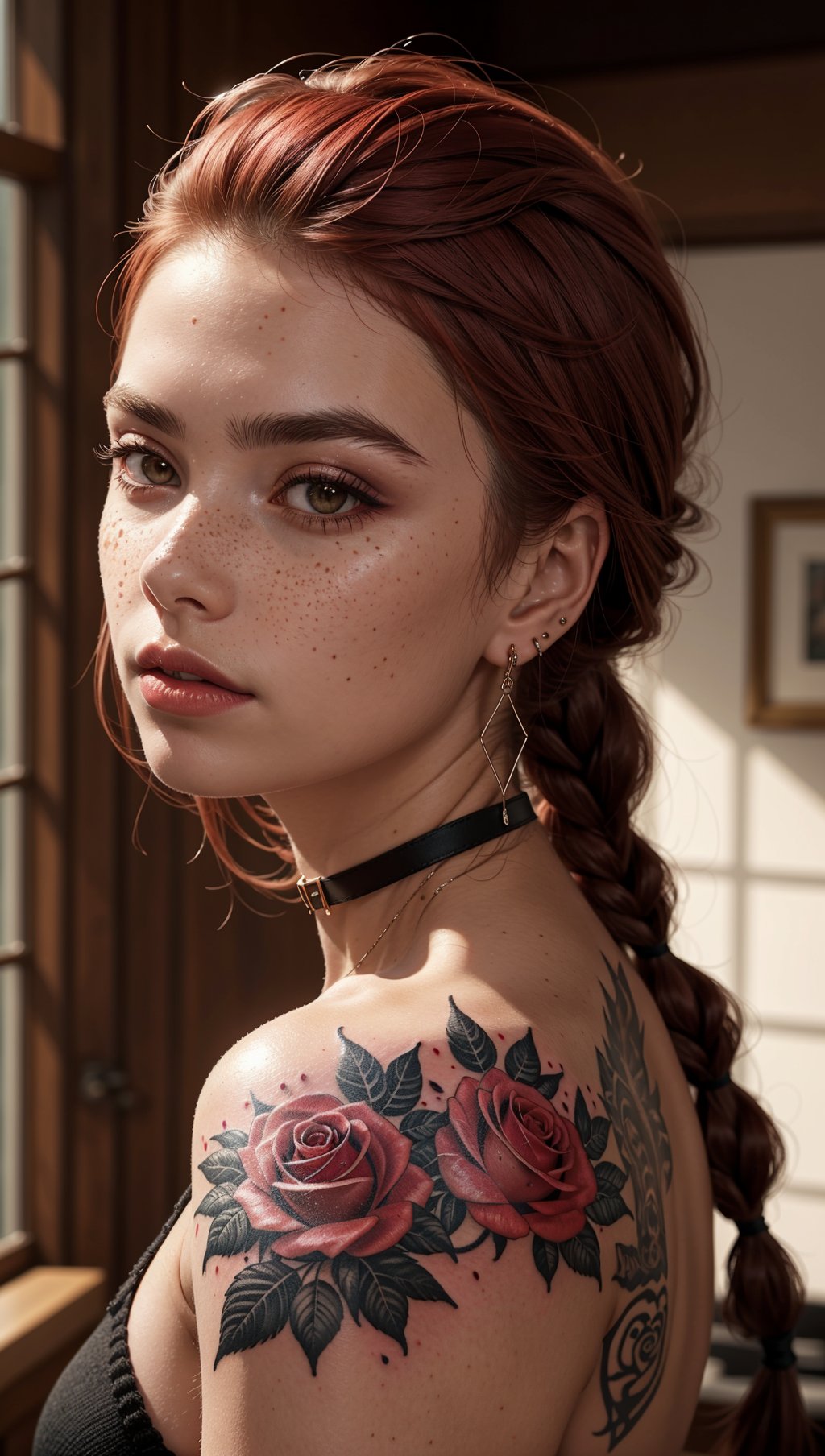 SFW,highest quality,woman,27 year old,backlighting,black choker,blurry background,blush,closed mouth,collarbone,earrings,forehead,freckles,hair over shoulder,jewelry,long hair,looking down,pointy nose,lips glossy,shadow,solo,thick eyebrows,thick eyelashes,upper body,red hair,braids,tattoos,tattoos on arms,black rose tattoos on neck,sun beams,warm light,cozy,((masterpiece)),