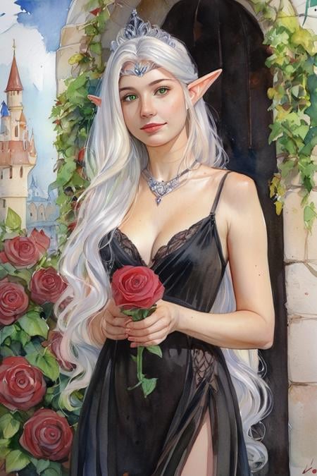 score_9, score_8_up, score_7_up, rating_safe, watercolor \(medium\), traditional media, realistic, 1girl, solo, elf, pointy ears, breasts, long hair, very long hair, white hair, green eyes, portrait, looking at viewer, black dress, tiara, silver tiara, holding, holding flower, rose, red rose, necklace, jewelry, cowboy shot, standing, outdoors, castle <lora:Watercolor Painting Style LoRA_Pony XL v6:0.7>