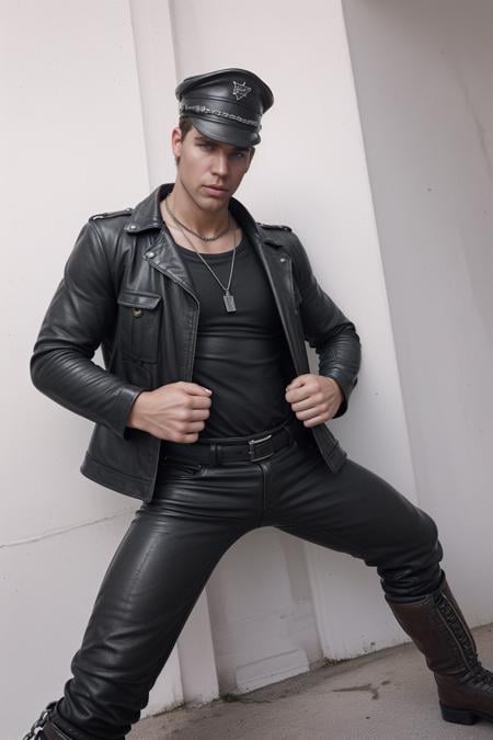 <lora:kris_evans-08:0.8> photo of kris_evans, kris_leather, biker cap, dressed as a leather biker, biker boots, black leather jacket, rugged jeans, white t-shirt, standing confidently, smoldering gaze, chain necklace, BREAK bright even light, stark white walls, minimalist background