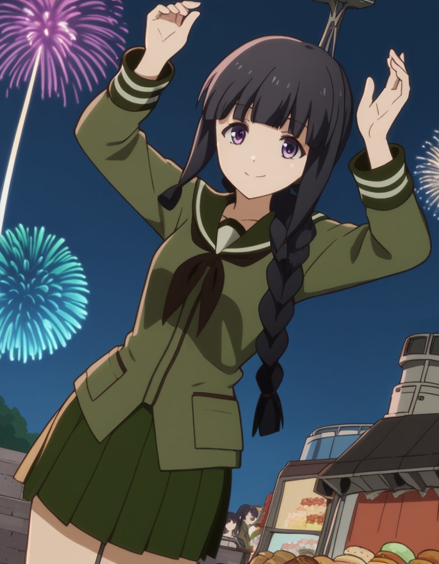 score_9, score_8_up, score_7_up, source_anime, <lora:kancolle-kitakami-s1-ponyxl-lora-nochekaiser:1>, kitakami, long hair, bangs, black hair, purple eyes, braid, blunt bangs, single braid, hair over shoulder, kitakami (kancolle), skirt, school uniform, serafuku, green skirt, pleated skirt, green shirt, green sailor collar, festival, fireworks, summer night, food stall, traditional, arms up,, smile, looking at viewer, hands behind back, bent over, smile, solo,, cowboy shot, dutch angle