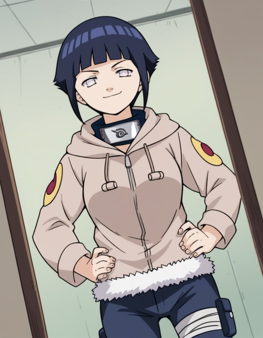 score_9, score_8_up, score_7_up, source_anime, <lora:hinata-hyuga-s1-ponyxl-lora-nochekaiser:1>, hinata hyuga, short hair, white eyes, bangs, blunt bangs, medium breasts,, long sleeves, pants, hood, konohagakure symbol, fur trim, jacket,, indoors, smug, smile, looking at viewer, solo, hands on hips,, cowboy shot, dutch angle