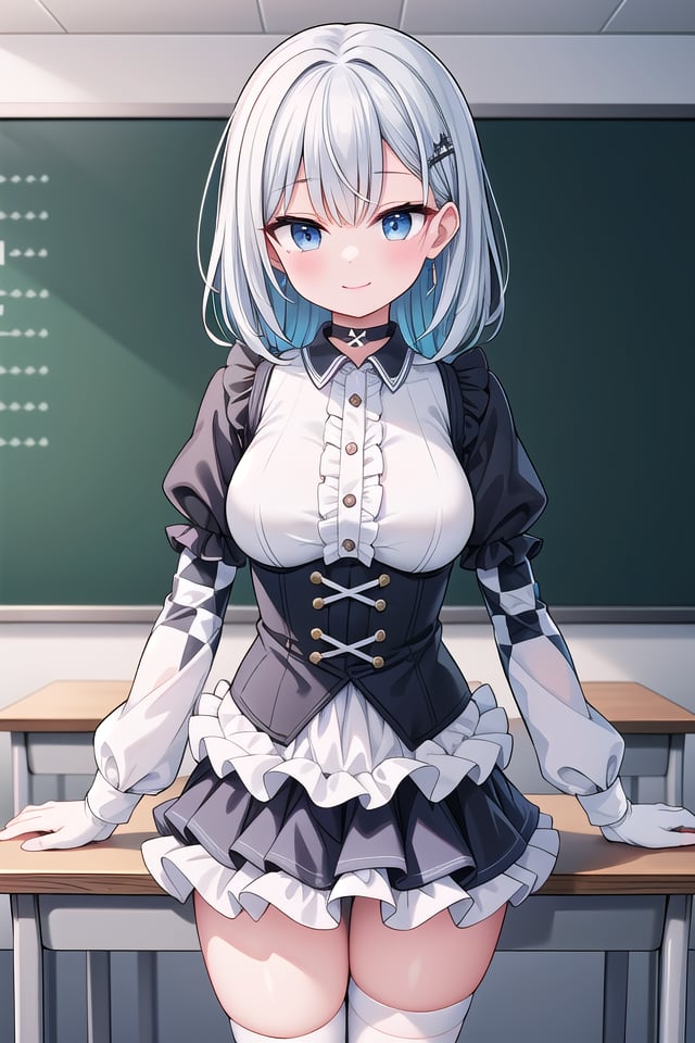 insanely detailed, absurdres, ultra-highres, ultra-detailed, best quality,1girl, solo, nice hands, perfect handsBREAK(a checkered clothes:2.0), (a checkered idol clothes:1.6), (short frill sleeve:1.3), (layered skirt,multilayer-skirt:1.6), (white thigh-high socks:1.4), (white choker,white glove with frill:1.3)BREAKhappy smile, laugh, closed mouthBREAK(45 angle:-1.5), (from side:-1.5),standing, cowboy shot, looking at viewerBREAKslender, kawaii, perfect symmetrical face, ultra cute girl, ultra cute face, ultra detailed eyes, ultra detailed hair, ultra cute, ultra beautifulBREAKin classroom, school desk, school chair, chalkboard, depth of field, ultra detailed backgroundBREAKmedium breastsBREAKturquoise blue hair, black eyes, cornrows