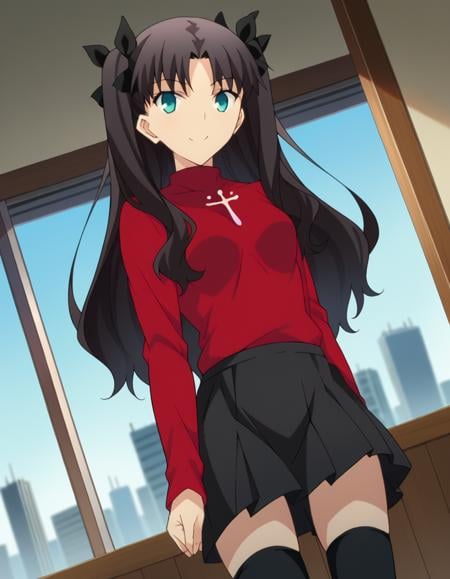 score_9, score_8_up, score_7_up, source_anime,rintohsaka, <lora:rin-tohsaka-ubw-ponyxl-lora-nochekaiser:1>,rin tohsaka, aqua eyes, black hair, hair ribbon, long hair, ribbon, sidelocks, two side up, parted bangs,black skirt, black thighhighs, long sleeves, miniskirt, pleated skirt, red sweater, skirt, sweater, thighhighs, turtleneck,indoors, cityscape, smile,looking at viewer, dutch angle, cowboy shot,