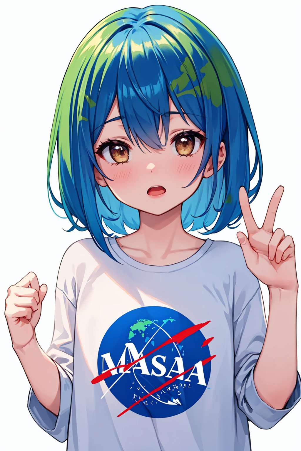 masterpiece,best quality, highly detailed, earth-chan,1girl,solo,looking at viewer,blush,open mouth,<lora:earth-chan:1>,simple background,white background