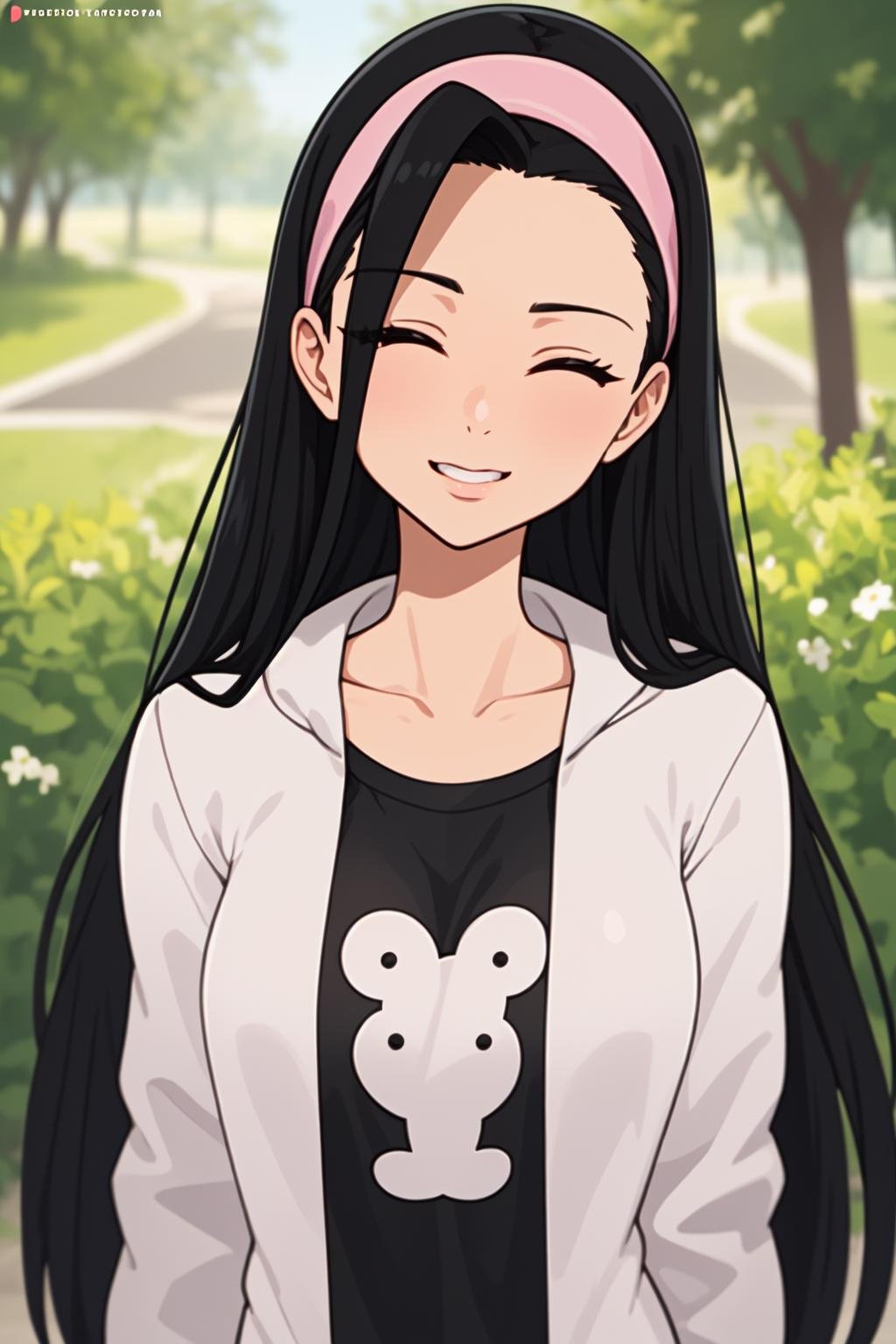 (masterpiece, best quality,ultra detailed),mature,Guila,shinny skin,single bangs,black hair,(sexy,smirk,hoodie,upper body),closed eyes,outdoors,standing,1girl,pink headband,long hair,slim,<lora:Guila-000003:0.5>