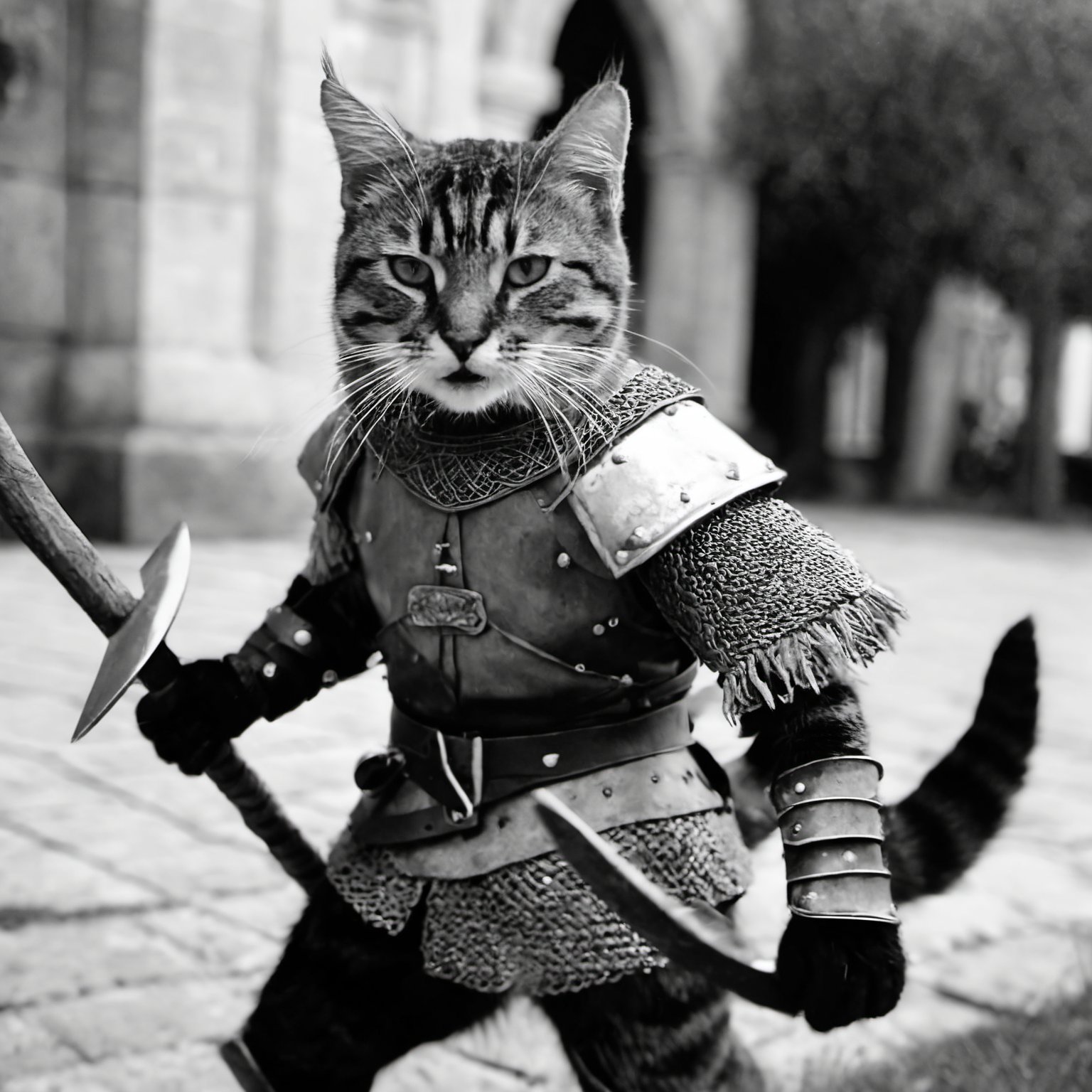 smirk, [designed by Andrey Remnev and Jan Pietersz Saenredam::14], renaissance art, Cosplay Photograph, Viking Warrior Cat, wearing Breathtaking warrior outfit, holding an axe, Fast Shutter Speed, Fujifilm Neopan 100, Depth of field 100mm, aw0k cat