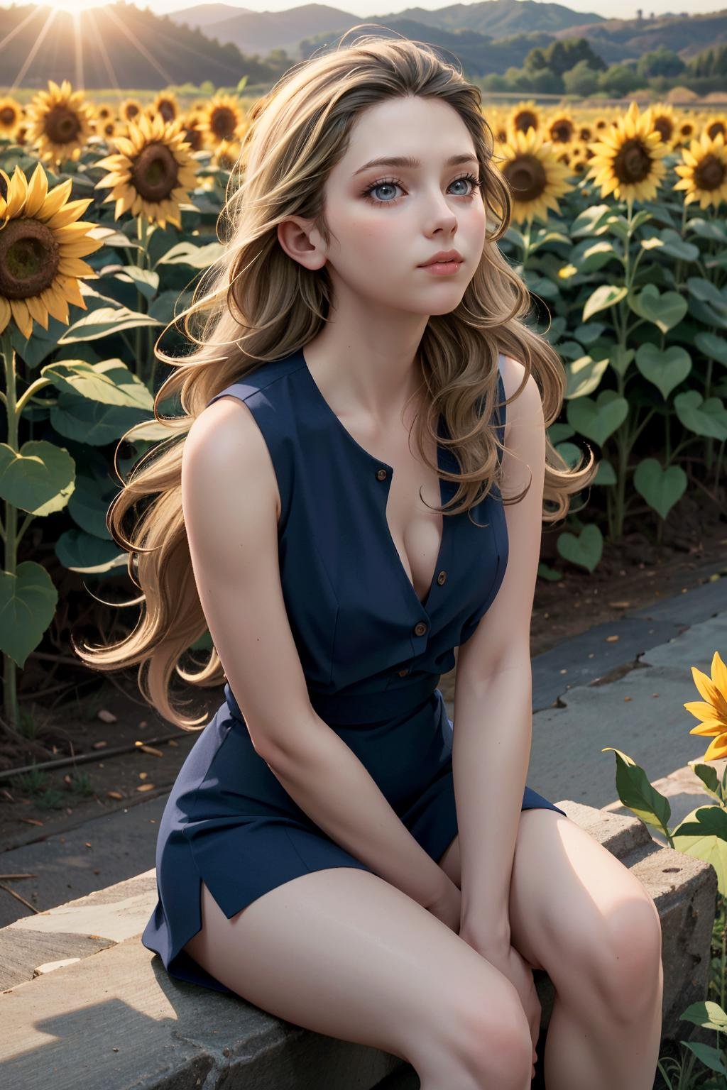 ((ultra detailed, masterpiece, absurdres)) <lora:DBHChloe:0.8>DBHChloe, 1girl, long hair, blonde hair, sitting in a sunflower field, looking up, sunlight