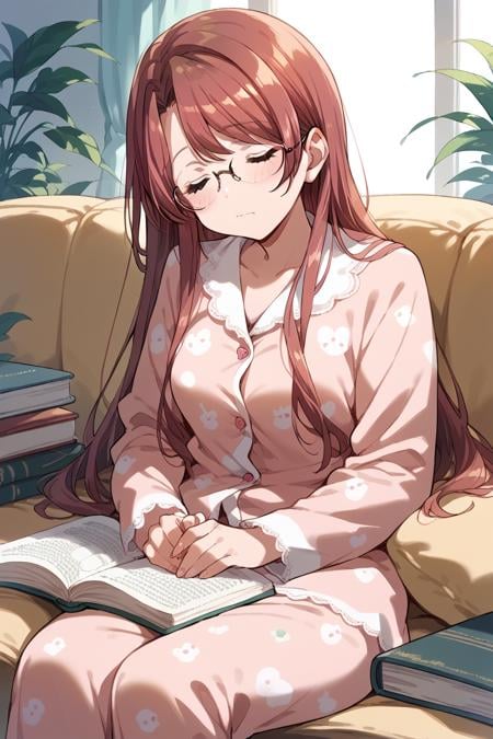 score_9, score_8_up, score_7_up, score_6_up, 1girl,<lora:Kasuga_Haruna:0.9> haruna, long hair, glasses, pajamas, sleepy, sleep, sit, sofa, book,