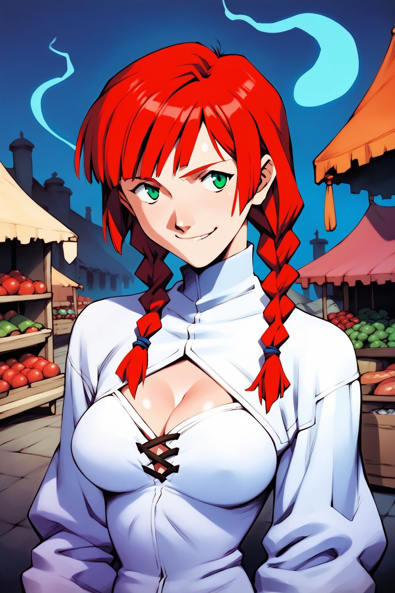 score_9, score_8_up, score_7_up, 1girl, smirk, red hair, thin_fringe, twin_braids, green eyes, large breasts, blue ghost costume, hands_on_own_chest, market, bright <lora:Sadamoto_Yoshiyuki_PonyXL_style_v01:1>