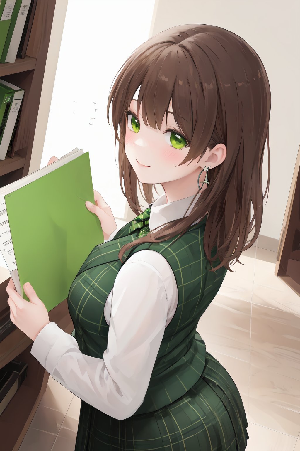 1 girl, brown hair, office lady, wearing a green plaid vest, wears green shirt, green flare skirt, earrings, brown hair, cute face, smile, blushing, gets on the step stool and take the document from the bookshelf, in the office, back view, backward, low angle, angle of view looking up from below,