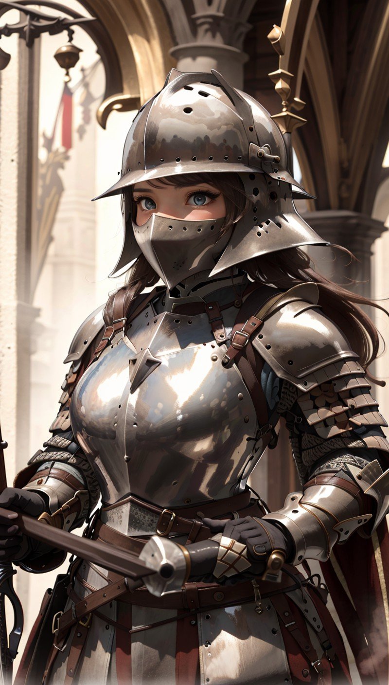 best quality,masterpiece,highly detailed,ultra-detailed,  <lora:neg9V2_last:0.7>1girl,  medieval-armor-girl, heavy armor,german knight corps,birdy helmet,holding weapon, morningstar,iron mask <lora:medieval-armor-girl_V02:1.25>