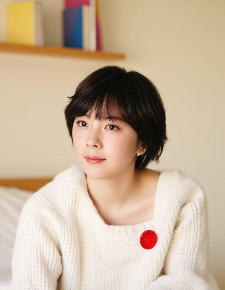 <lora:Asian_women:1>The image is a photograph featuring a young woman with short, dark hair styled in a choppy, slightly messy bob. She has a fair complexion and is wearing a soft, cream-colored, knitted sweater with a textured pattern that appears cozy and warm. A prominent feature of the sweater is a large, bright red button near her left shoulder, adding a pop of color to her otherwise muted outfit.The woman is seated on a bed with a white, fluffy blanket that adds to the cozy atmosphere of the room. The background is simple and uncluttered, featuring a plain, light-colored wall. Mounted on the wall behind her is a wooden shelf holding a few small, colorful books or journals, adding a touch of personality and character to the room. The books are stacked neatly, with the top one being a vibrant blue and the bottom one a soft pink, creating a sense of order and organization.The overall lighting in the room is warm and natural, suggesting it is daytime and the sun is streaming in from a window not visible in the frame. The image captures a serene and intimate moment, focusing on the woman's relaxed and calm demeanor.