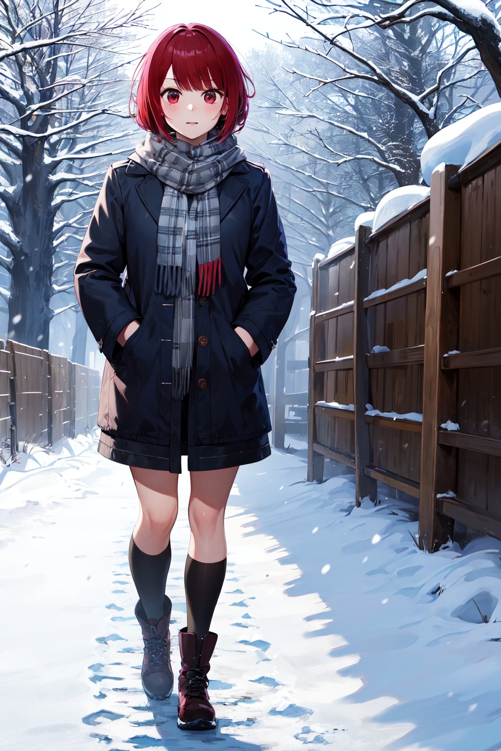 masterpiece, best quality, highres, aakana, short hair, red eyes, <lora:arima_kana_v1:0.7>, outdoors, snow, winter clothes, scarf, hand in pocket, 