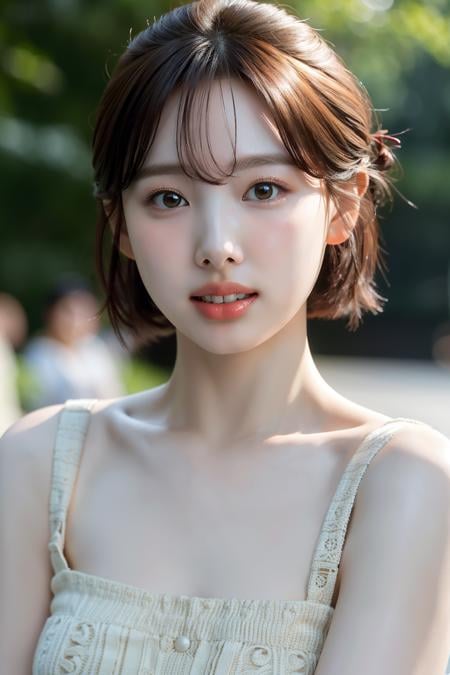 Best quality, masterpiece, ultra high res, (photorealistic:1.4), raw photo,1girl, solo, realistic,looking at viewer, (big front teeth), parted lips, upper body, bokeh background, dress,  <lora:makina69_nayeon_v1.1:1>