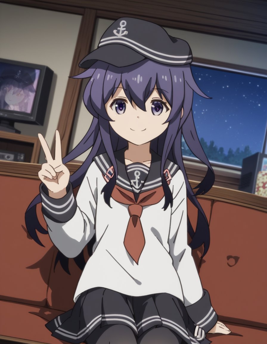 score_9, score_8_up, score_7_up, source_anime, <lora:kancolle-akatsuki-s1-ponyxl-lora-nochekaiser:1>, akatsuki, long hair, hair between eyes, purple eyes, purple hair, akatsuki (kancolle), skirt, shirt, long sleeves, hat, school uniform, pantyhose, pleated skirt, serafuku, black skirt, sailor collar, neckerchief, black pantyhose, red neckerchief, anchor symbol, flat cap,, living room, television, couch, popcorn, watching movie, night time, sitting,, smile, looking at viewer, v, v over eyes, smile, solo,, cowboy shot, dutch angle