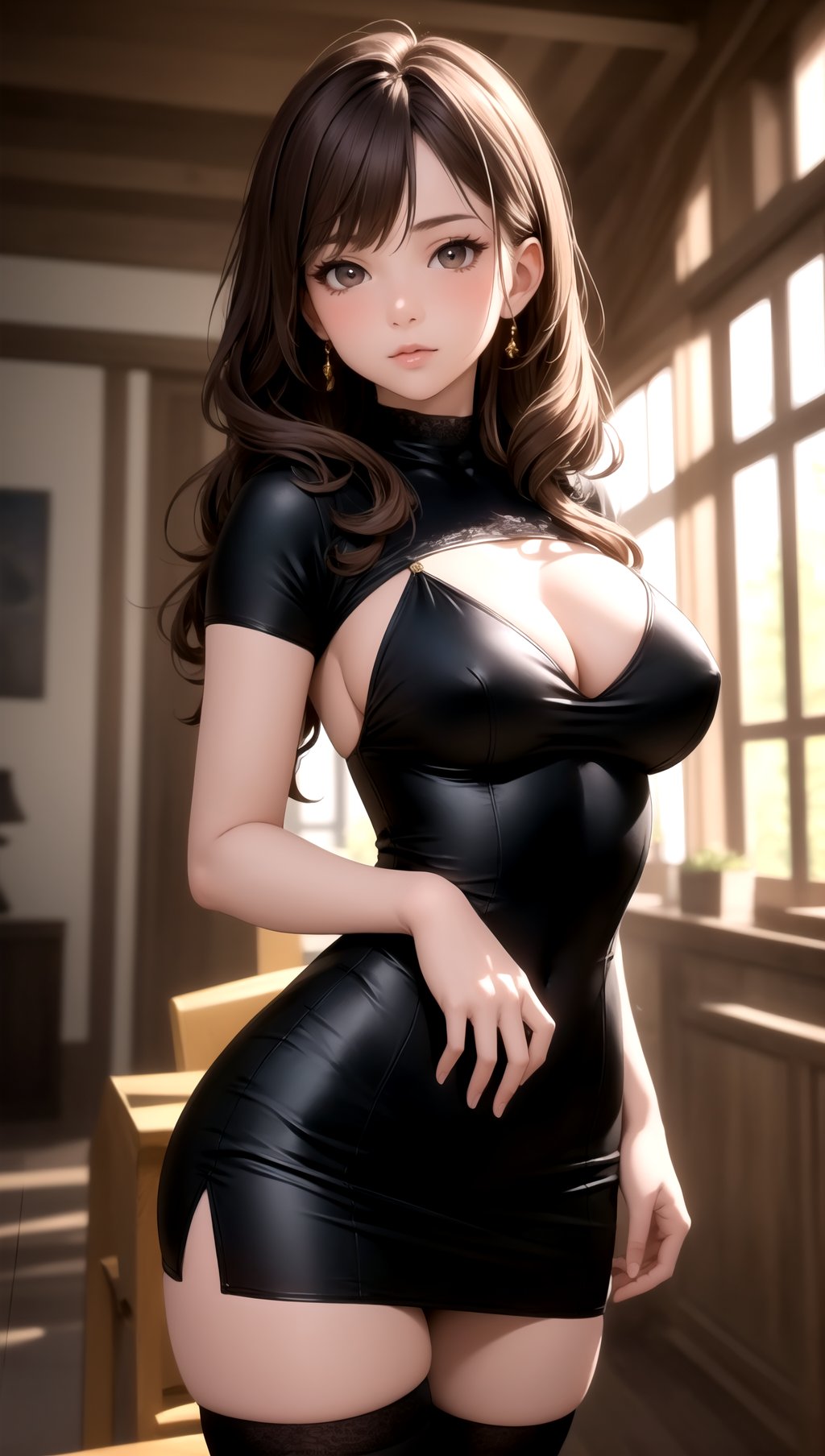 (masterpiece, best quality), (detailed background, complex background:1.2), (perfect face, detailed face), 1girl, brown hair, long hair, wavy hair, large breasts, black dress, black thighhighs, looking at viewer, cowboy shot, (indoors, dynamic pose)