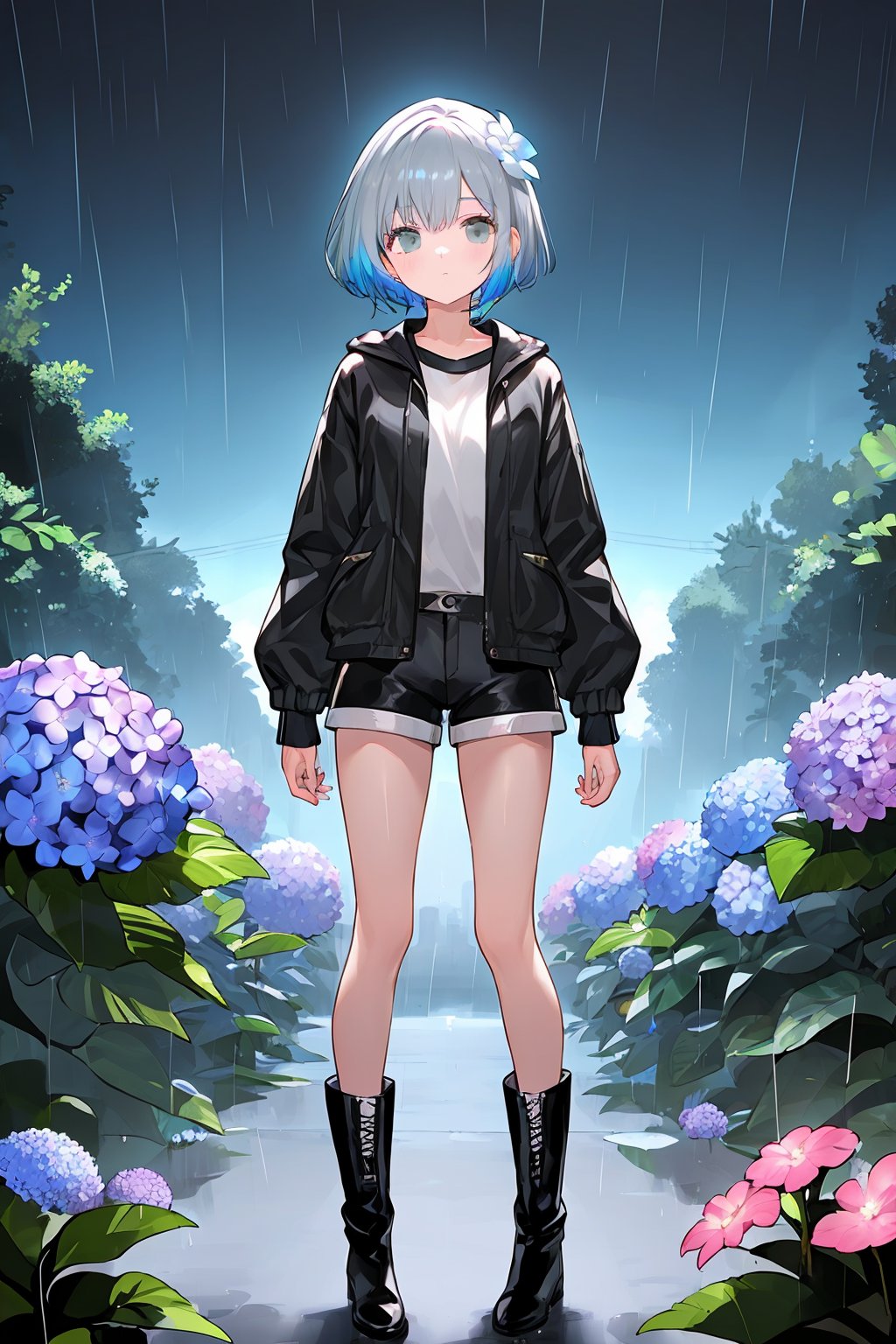 1girl， solo， flower， jacket， short_hair， black_jacket， neon_lights， standing， outdoors， black_footwear， blue_hair， hydrangea， long_sleeves， closed_mouth， boots， rain， shorts， shirt， grey_hair， white_flower， black_shorts,