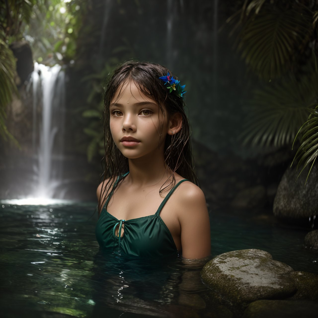 (masterpiece:1.3), view from below, close up of charming (AIDA_LoRA_LG2014:1.01) <lora:AIDA_LoRA_LG2014:0.76> in a dark green bathsuit sitting on the stones in a tropical garden in front of a waterfall, water, wet, sunlight, outdoors, little girl, pretty face, intimate, cinematic, studio photo, getty images, (colorful:1.1)