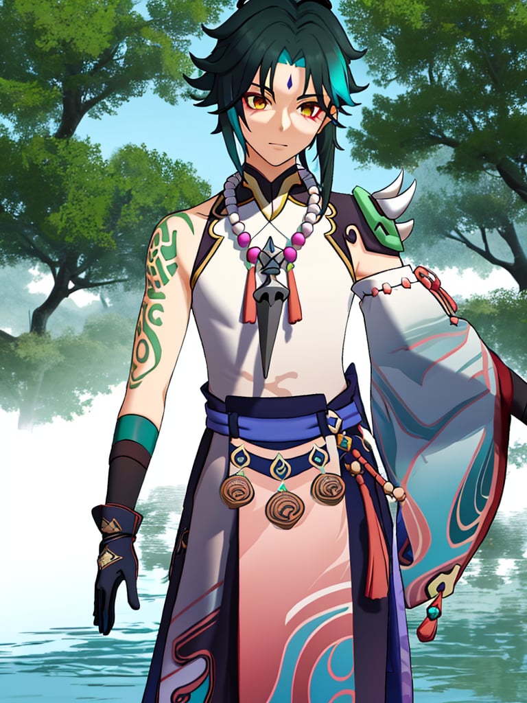 xiao (genshin impact),beads,gloves,bead necklace,1boy,necklace,jewelry,male focusforehead mark,tassel,asymmetrical clothes,solo,black gloves,ahoge,detached sleeves,arm guards,shoulder spikes,bangs,parted bangs,single detached sleeve,two-tone hair,green gloves,right arm tattoo,his left shoulder was covered with a spiked shoulder armor,black and green gradient hair,waist pendant,he wore a mask around his waist,standing on water,tree