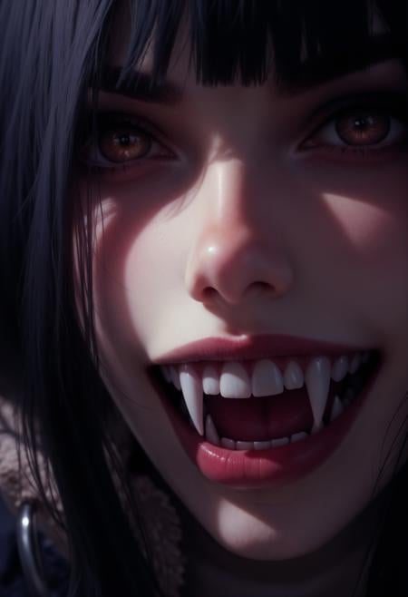 fangs, 1 girl, black hair, teeth, solo, open mouth, tongue, close-up, lips, portrait, looking at viewer, realistic, (maximum ultra high definition image quality and rendering:3), maximum image detail, maximum realistic render, (((ultra realist style))), realist side lighting, , 8K high definition, realist soft lighting, (amazing special effect:3.5)<lora:FluxF4ngs:1>