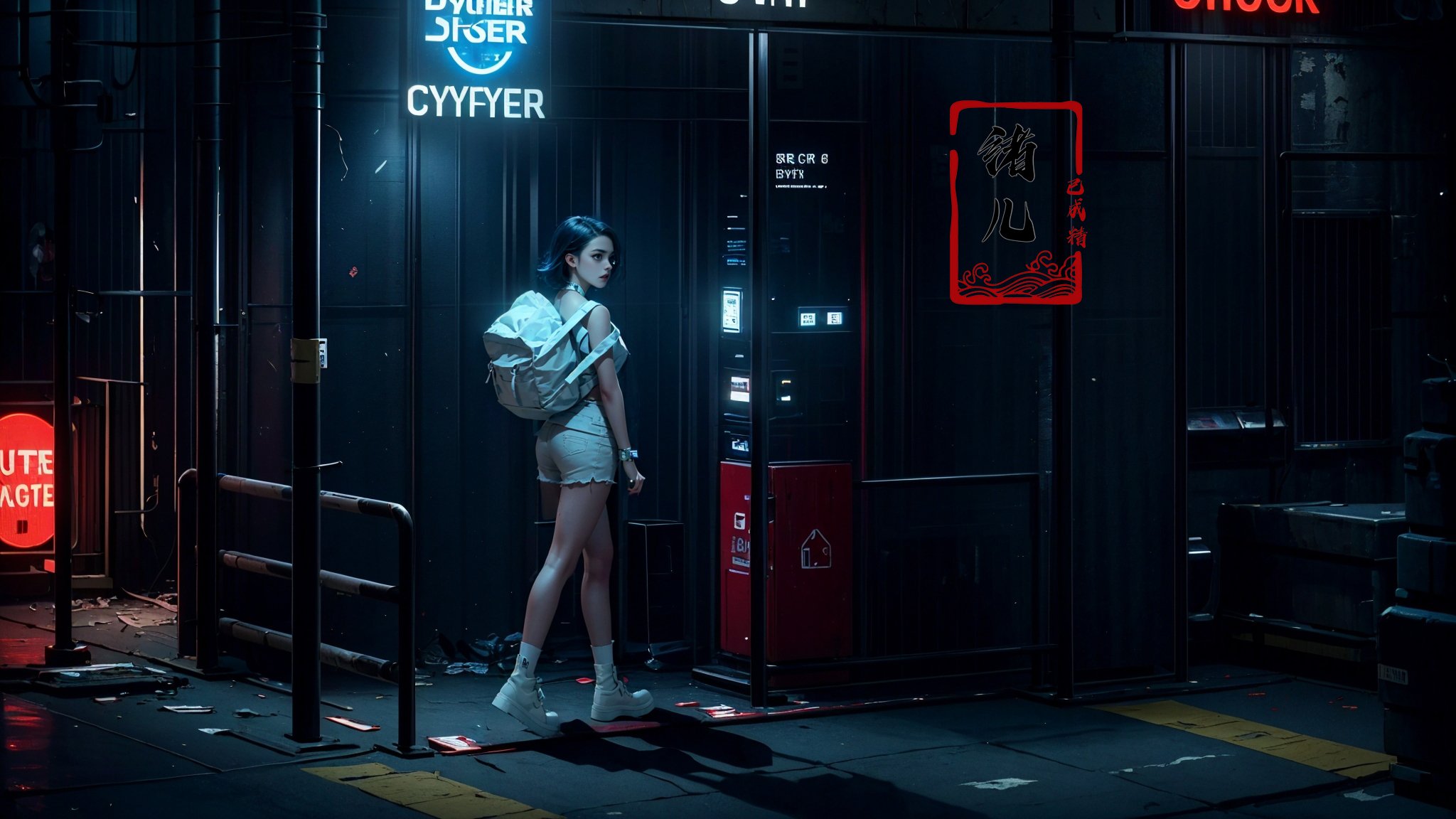 (dramatic, gritty, intense:1.4),masterpiece, best quality, 32k uhd,  hyper quality, Masterpiece,  (science cyber:1.4)，1girl, solo, bag, neon lights, english text, holding, white footwear, looking at viewer, from side, shorts, walking, short hair, black hair, standing, blue hair，(glow, light pollution:1.3)，<lora:绪儿-赛博城市场景 science cyber:0.8>
