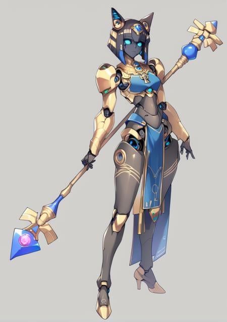 1girl, animal ears, black hair, black skin, blue hair, cat ears, colored skin, egyptian, full body, gold trim, grey background, high heels, holding, holding staff, humanoid robot, joints, mechanical hair, pelvic curtain, robot, robot girl, robot joints, solo, staff, standing, <lora:Ban AP:1>, score_9, score_8_up, score_7_up, score_6_up, score_5_up, score_4_up, BREAK source_anime, masterpiece