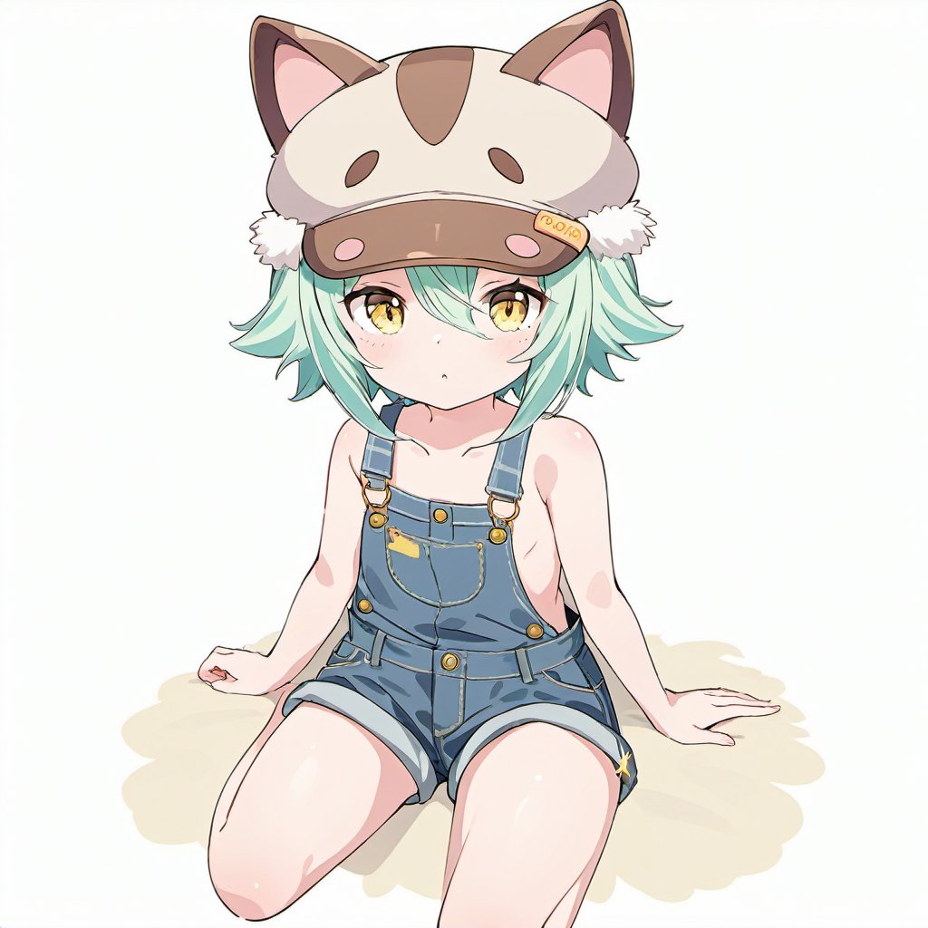 <lora:Hans-Nekopara-base-v2-000010:0.8>,nekopara,cacao_\(nekopara\), Cacao_\(nekopara\), overalls, solo, hat, green_hair, yellow_eyes, animal_hat, short_hair, animal_ears, naked_overalls, sitting, looking_at_viewer, overall_shorts, no_panties, cat_hat, cat_ears, collarbone