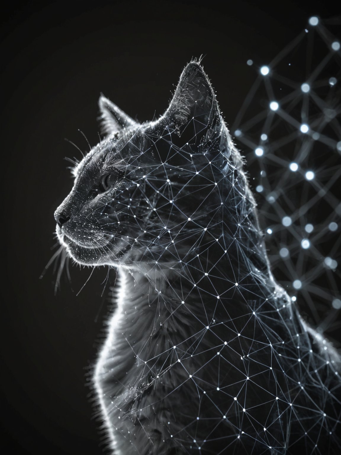 dataviz style, black and white network data visualization in the shape of a cat,  masterpiece , hyper detailed, unreal engine, blue tones, stars <lora:dataviz_style_xl_v1:1>