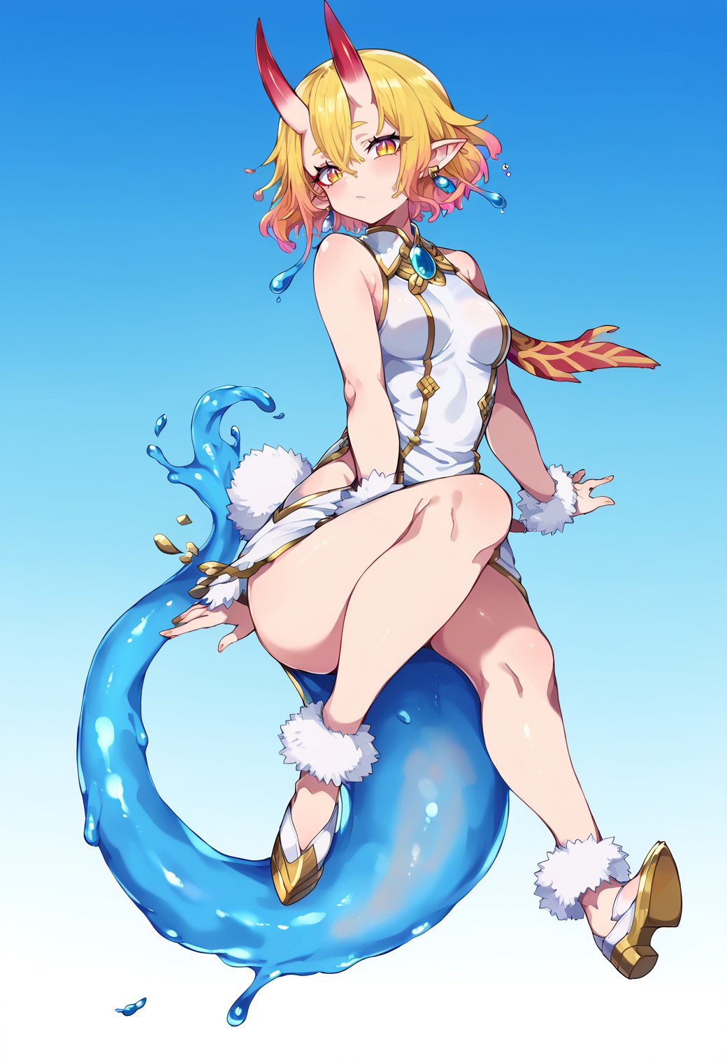 jewelry, gold trim, 1girl, feather trim, solo, blonde hair, earrings, multicolored hair, gradient hair, short hair, whorled clouds, blue sky, full body, oni horns, dragon tail, slime girl, rabbit tail, slit pupils, pointy ears, kuronagamimi, lack|kintadistortion,<lora:absurdres_quality:1> masterpeice, best quality, very aesthetic, absurdres