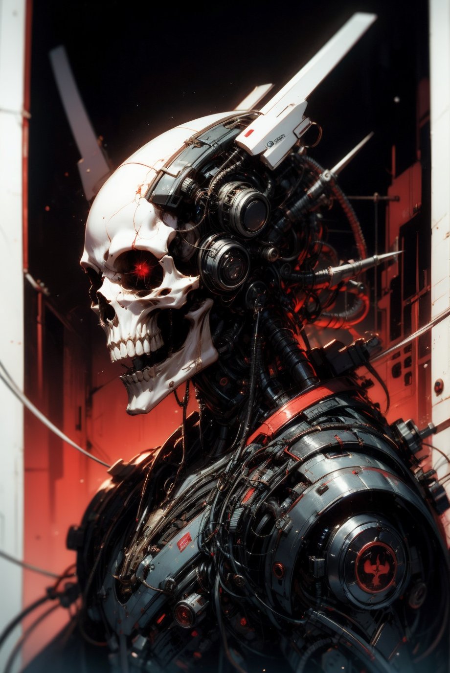 1man, solo, upper body, teeth, from side,no humans, glowing, robot, black background, mecha, 1other, machinery, science fiction, skull, cable, limited palette, cyberpunk, mechanical parts, wire, tube, machine, black, white, red theme