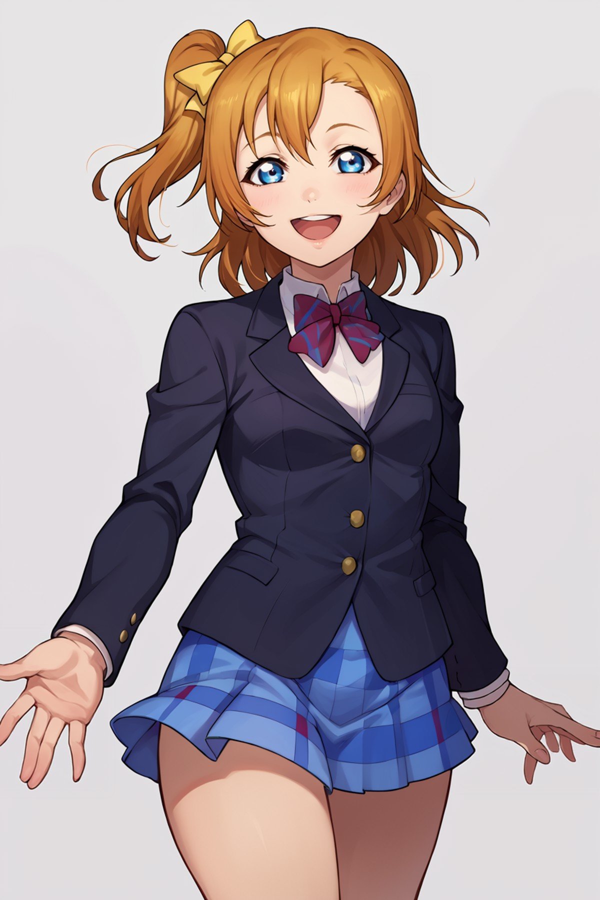 score_9, score_8_up, score_7_up, source_anime BREAK 1girl, solo, lovelive_honoka, cowboy shot, school uniform, black blazer, blue plaid skirt, one side up, yellow hair bow, red bowtie, medium hair, brown hair, blue eyes, looking at you, smile, open mouth, simple background <lora:lovelive_honoka_2-000013:1>