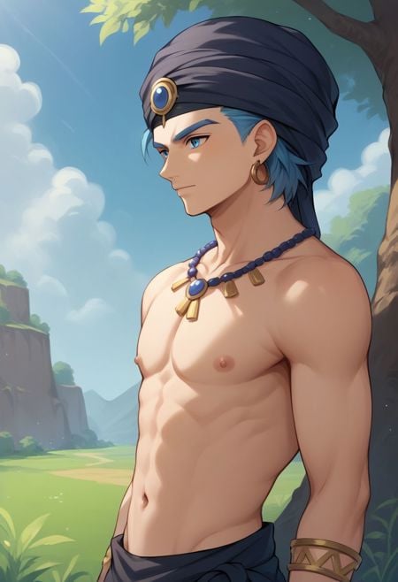 score_9, score_8_up, score_7_up, source_anime, highly detailed, 1boy, solo, male_focus, half body, half body,erik, turban, solo, jewelry, blue eyes, blue hairs, 1boy, male focus, earrings, bracelet, ring, navel,outdoor, 