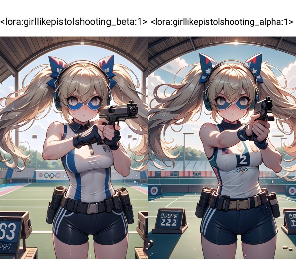 ((pistol shooting)), ((firing range)), (holding air handgun), muzzle flash, aiming at viewer and target, player uniform, sleeveless, sports shorts, ear defenders, fingerless gloves, olympic games venue, wind, steam, sweat, shadow, 1girl, blonde hair, twintails, big tits, facing viewer, pov, standing, ((tinted eyewear)), <lora:girllikepistolshooting_beta:1>