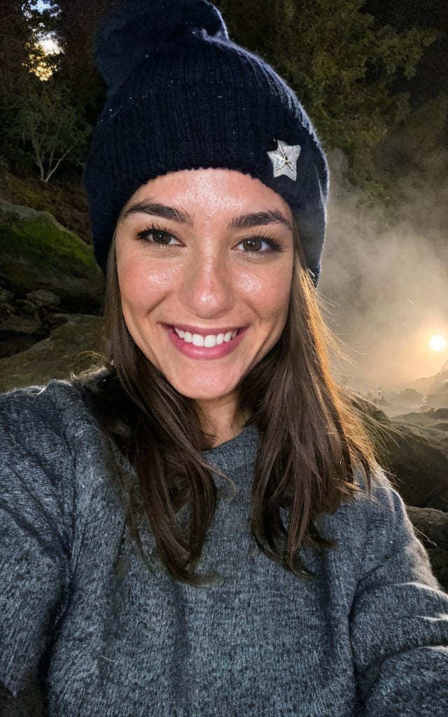 photograph, photo of beautiful woman, selfie, upper body, solo, wearing pullover, outdoors, (night), mountains, real life nature, stars, moon, cheerful, happy, gloves, sweater, beanie, forest, rocks, river, wood, smoke, fog, looking at viewer, skin texture, photo grain, close up, RAW photo