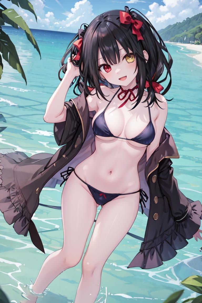 1girl, solo,  standing, <lora:aki:0.8>, tokisaki_kurumi, heterochromia, long hair, low twintails,medium breasts, cleavage, red ribbon, hair ornament, feet, barefoot, foot focus, bikini, string bikini, hand up, looking at viewer, splashing, splash water, head tilt, smile, open mouth, outdoors, scenery, beach, waves, ocean, water,, weird atmosphere, (best quality:1.1), (masterpiece:1.2), high quality shadow, beautiful detailed, (high detailed skin, skin details), (wide_landscape, 8k), beautiful face, detailed eyes, depth of field, dramatic light, best quality, highres, best shadow, best illumination,