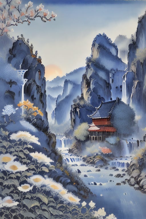 Blue and white porcelain style landscape painting,landscape painting, sun, mountains, rivers, trees, flowers and plants, ancient buildings, waterfalls,, (best quality), ((masterpiece)), (an extremely delicate and beautiful), original, extremely detailed wallpaper