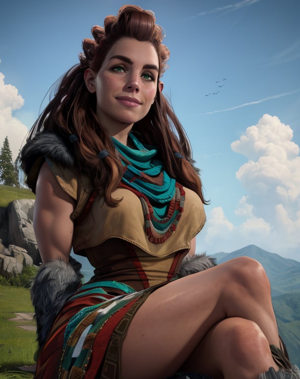 aloy,red hair,long hair,green eyes,tribal,dress,smile,upper body,sitting,outdoors,(insanely detailed, masterpiece, best quality),solo,<lora:aloy-10HFW-ALT:0.9>,