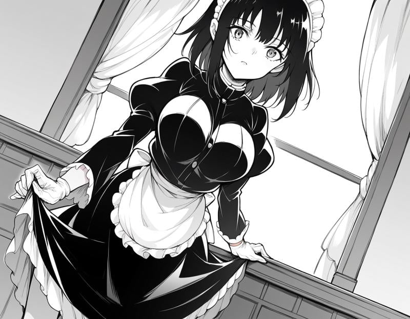 score_9, score_8_up, score_7_up, source_anime,tsubakirurikawa, <lora:tsubaki-rurikawa-manga-ponyxl-lora-nochekaiser:1>,tsubaki rurikawa, bangs, large breasts, monochrome, greyscale,skirt, gloves, long sleeves, dress, frills, puffy sleeves, white gloves, apron, maid, maid headdress, juliet sleeves, maid apron,indoors, bent over,looking at viewer, solo, cowboy shot, dutch angle,