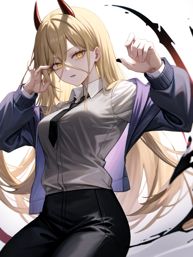 Power \(chainsaw man\), long hair, demon horns, yellow eyes, blonde hair, red horns, jacket, white shirt, pants,<lora:Power:1> , (masterpiece)