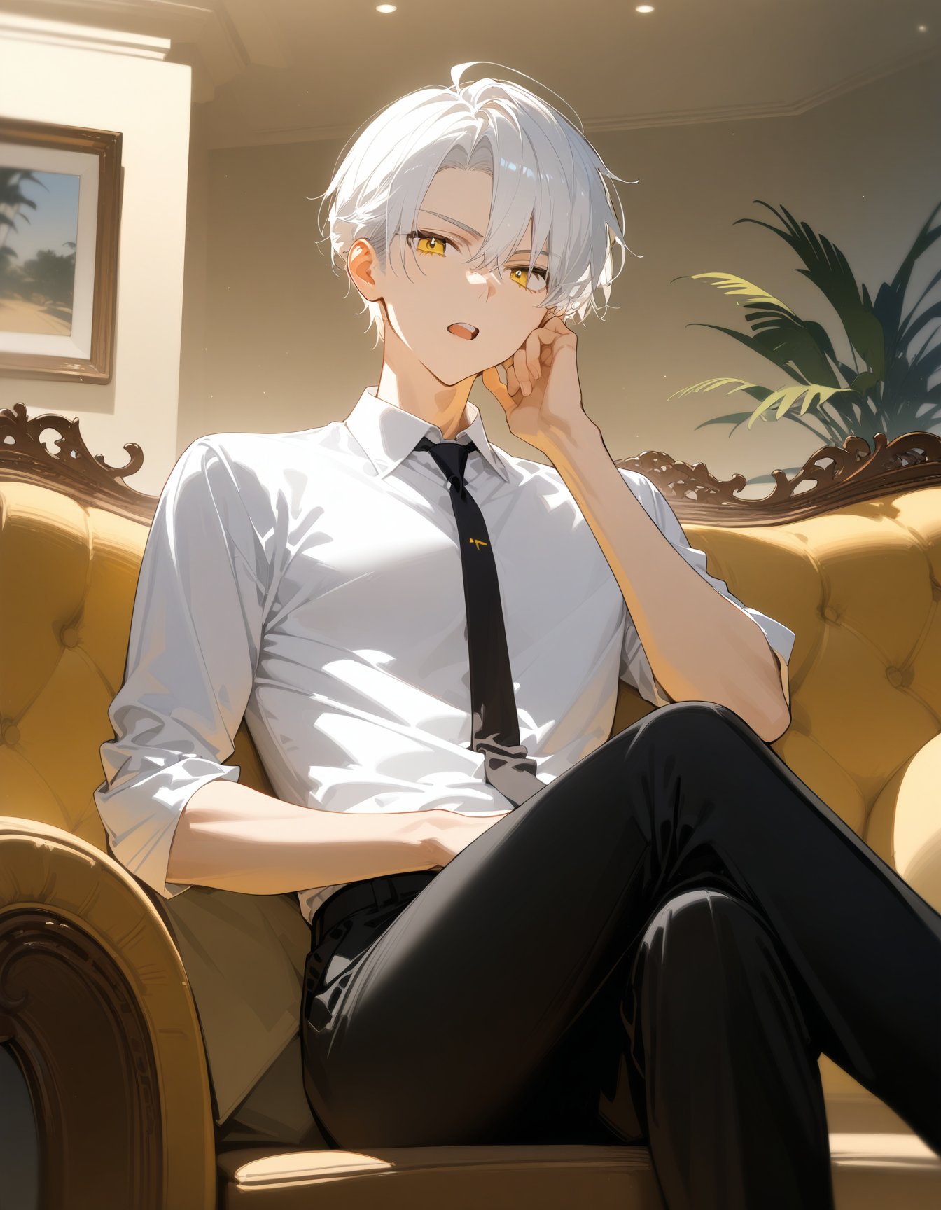 1boy,male focus,sitting,on couch,couch,crossed legs,hand on own face,white shirt,shirt,black pants,pants,necktie,indoors,solo,looking at viewer,open mouth,white hair,yellow eyes,short hair,best quality,amazing quality,best aesthetic,absurdres,