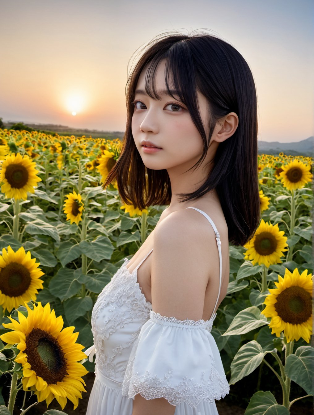 highres, 8k, RAW,natural skin,detailed skin,japanese girl,dress,Sunflower field at the tip of a high promontory with a view of the horizon, dynamic angle,upper body, twilight,best quality,masterpiece