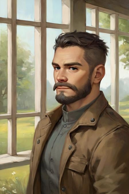 score_9, score_8_up, score_7_up, score_6_up, score_5_up, score_4_up, rating_safe, facial hair, 1boy, male focus, solo, beard, mustache, looking at viewer, brown jacket, black hair, black eyes, tree, closed mouth, window, grass, short hair, jacket, upper body, portrait <lora:Oil Painting Style XL:0.7>