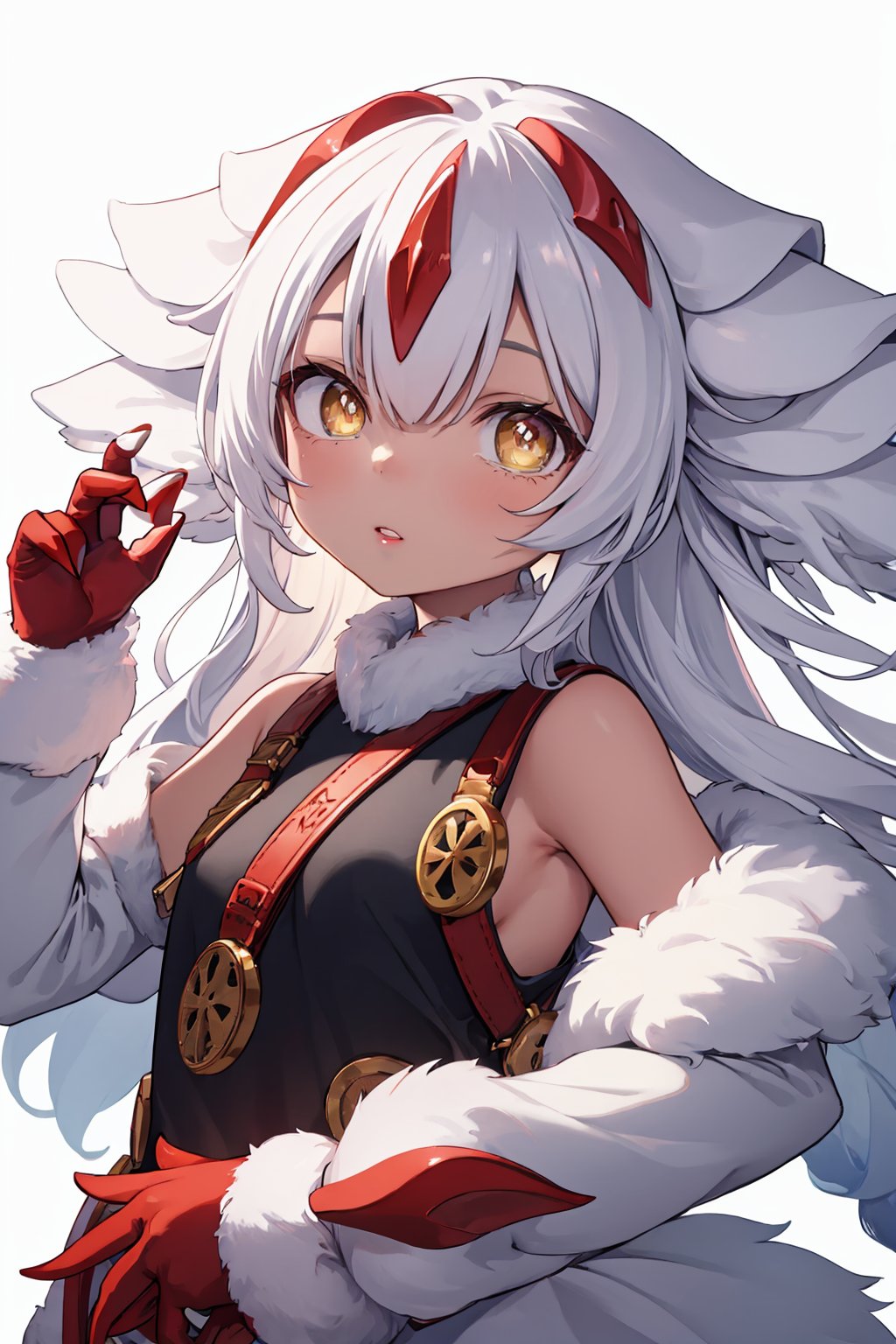 masterpiece,best quality, highly detailed, 1girl,claws,extra arms,faputa,fewer digits,looking at viewer,solo,white fur,parted lips,upper body,white pupils,<lora:faputa:1>