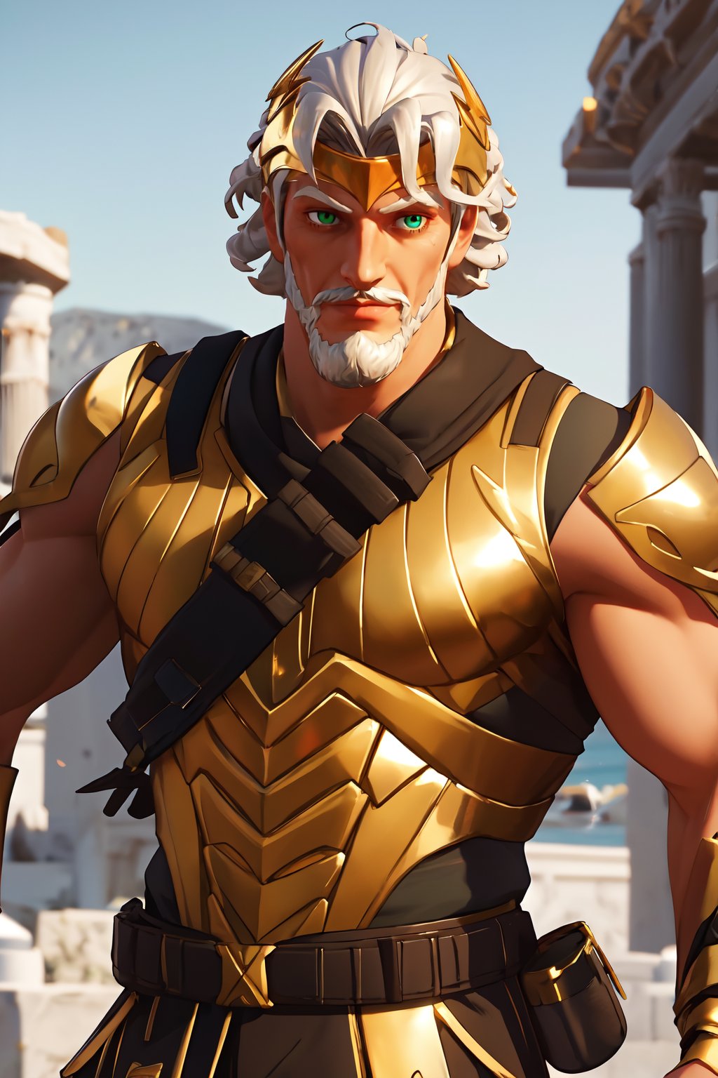 zeusfortniteV1, 1boy , mature male, looking at viewer,  white skin, white hair, green eyes, beard, mustache, male focus, facial hair, muscle,   <lora:zeusfortnite-09:0.5>, golden armor, shotgun shell bandolier,  grecia, sunlight,, masterpiece, 4k, high quality, highres, absurdres,