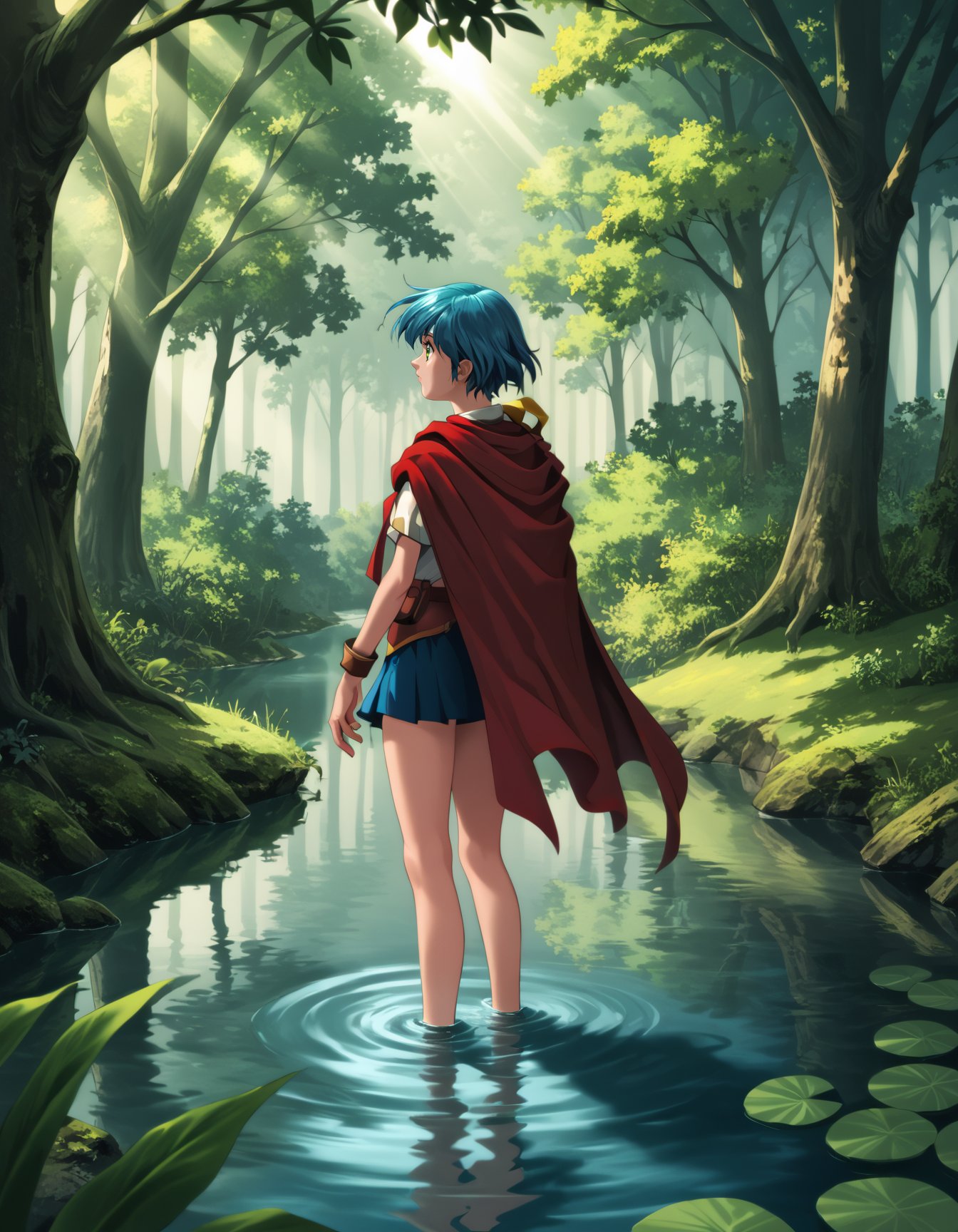 score_9,  score_8_up, score_7_up <lora:epo-ponyxl-000040:1> wwepo, blue hair, green eyes, (headband:0.5), red cape, microskirt, blue skirt,tree, scenery, sunlight, nature, outdoors, forest, light rays, water, standing, sunbeam, day, overgrown, reflection, wading, dappled sunlight