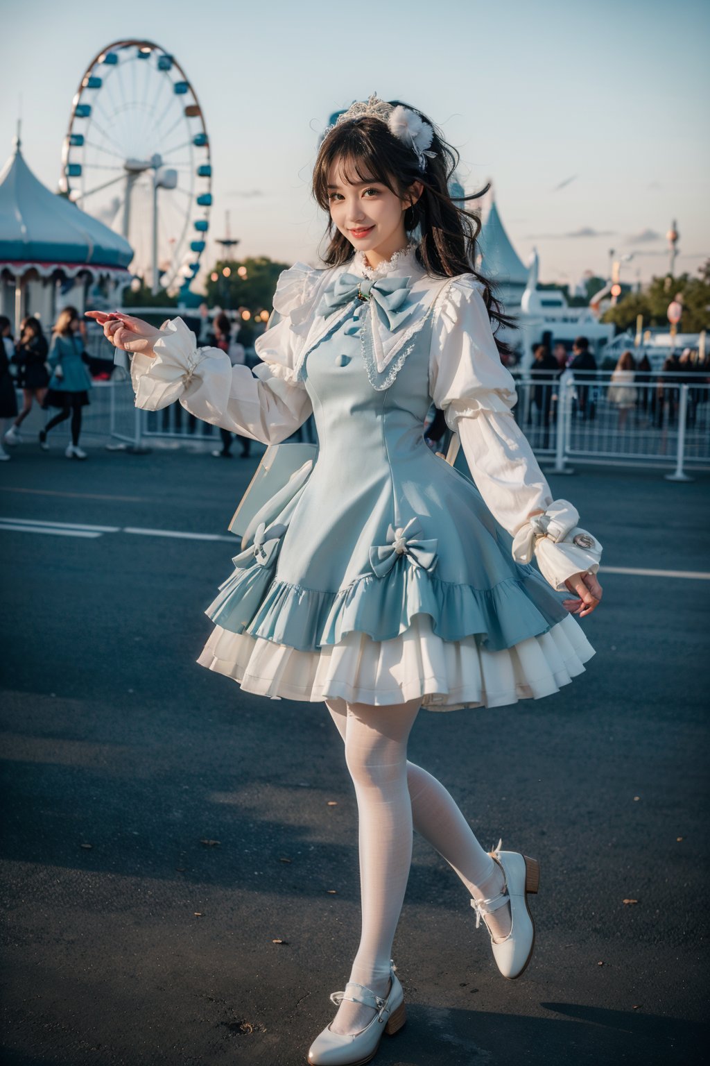 best quality, masterpiece, photorealistic, 1girl, solo, long straight black hair, blunt bangs, looking at viewer, full body, cyb dress, blue dress, long sleeves, puffy long sleeves, bow, (white pantyhose:1.4), mary janes, amusement park, people, <lora:cute_dress_style1_v1:0.7>