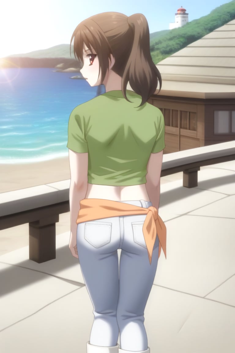 Highly detailed, High Quality, masterpiece, beautiful, source_anime, 1girl, solo, (feminine focus, young woman, 16 years old), Otome Katou, brown hair, brown eyes, medium hair, ponytail, tiny_breasts, green shirt, navel, midriff, pants, jeans, sea lighthouse, stones near the coast, looking_back, back view, all-fours, focus ass<lora:EMS-453333-EMS:1.000000>